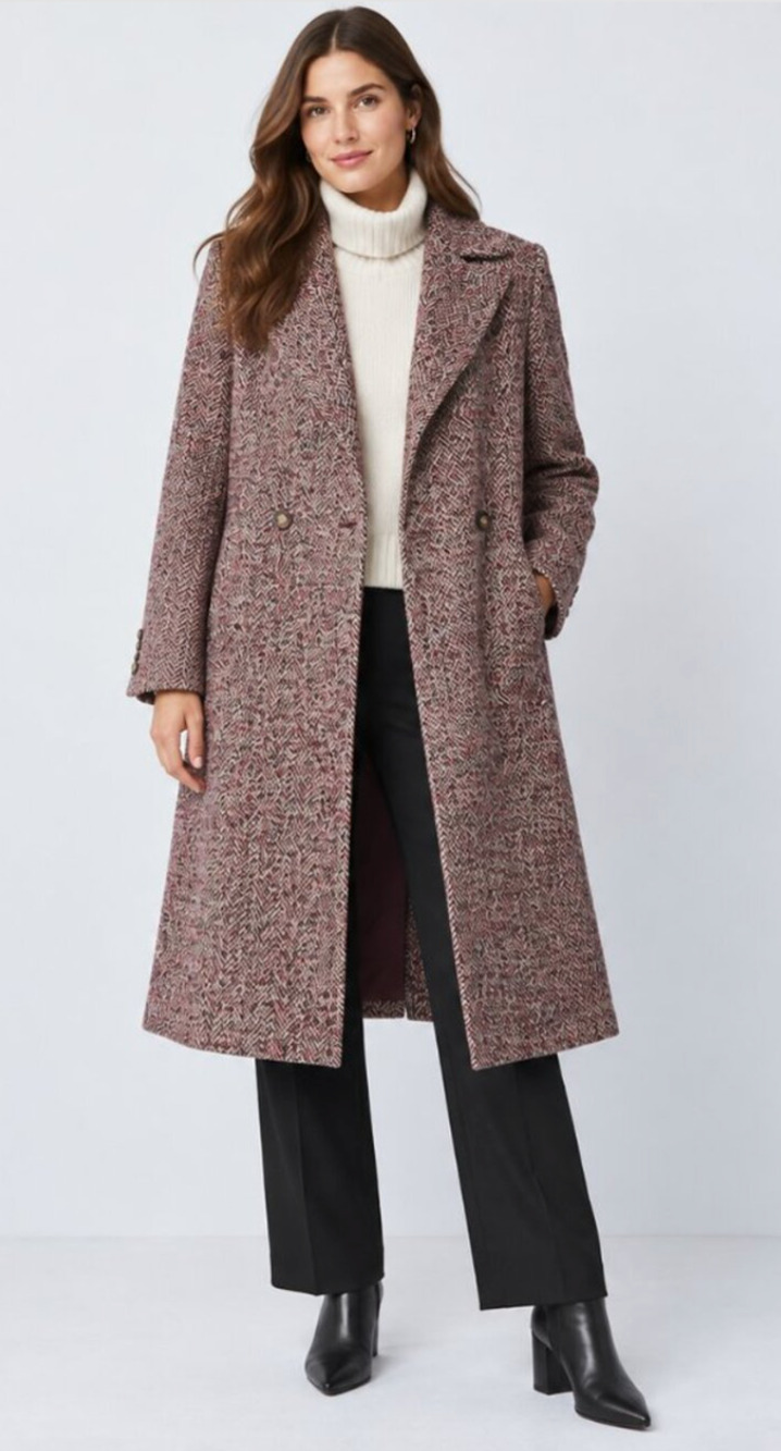 NEW ANN TAYLOR RED PURPLE MULTI HERRINGBONE DOUBLE BREASTED LONG COAT SZ L